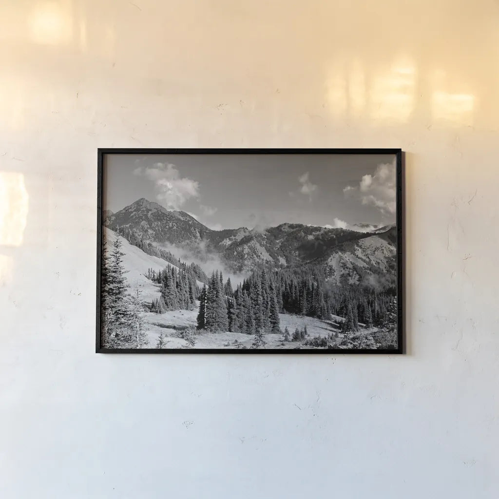 Olympic Mountains I by Laura Marshall. shown as a paper print in a black flame. Available as a archival giclee rolled canvas, fine art paper, or poster print. SKU 64412i.