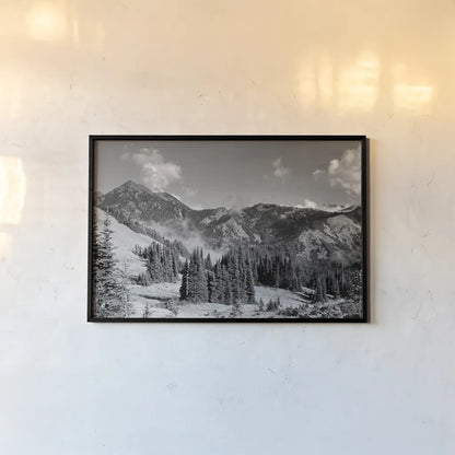 Olympic Mountains I by Laura Marshall. shown as a paper print in a black flame. Available as a archival giclee rolled canvas, fine art paper, or poster print. SKU 64412i.