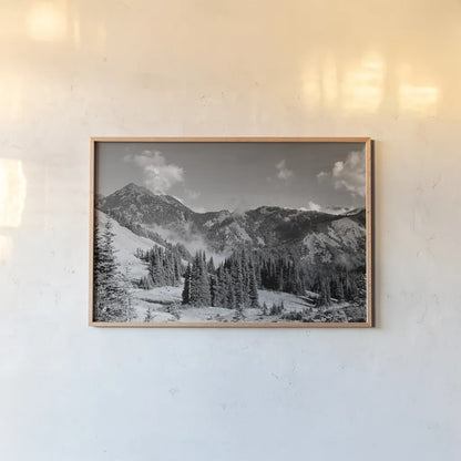 Olympic Mountains I by Laura Marshall. shown as a paper print in a natural frame. Available as a archival giclee rolled canvas, fine art paper, or poster print. SKU 64412i.