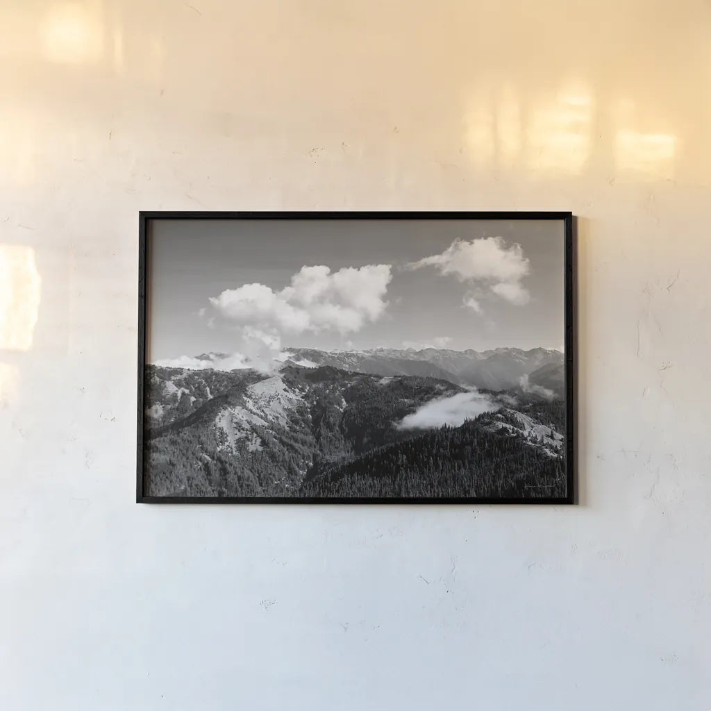 Olympic Mountains II by Laura Marshall. shown as a paper print in a black flame. Available as a archival giclee rolled canvas, fine art paper, or poster print. SKU 64413i.