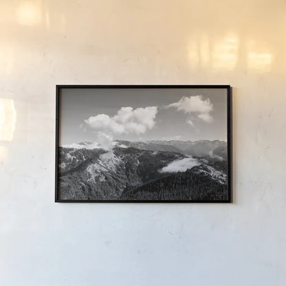 Olympic Mountains II by Laura Marshall. shown as a paper print in a black flame. Available as a archival giclee rolled canvas, fine art paper, or poster print. SKU 64413i.