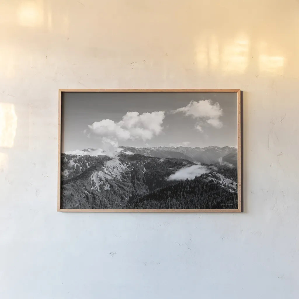 Olympic Mountains II by Laura Marshall. shown as a paper print in a natural frame. Available as a archival giclee rolled canvas, fine art paper, or poster print. SKU 64413i.