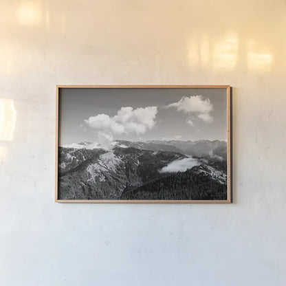Olympic Mountains II by Laura Marshall. shown as a paper print in a natural frame. Available as a archival giclee rolled canvas, fine art paper, or poster print. SKU 64413i.