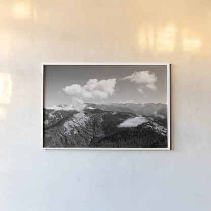 Olympic Mountains II by Laura Marshall. shown as a paper print in a white frame. Available as a archival giclee rolled canvas, fine art paper, or poster print. SKU 64413i.