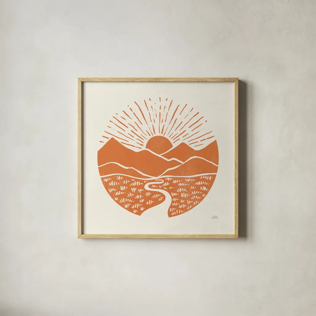 On the Horizon I by Laura Marshall. Shown in a natural wood glass frame for a timeless modern aesthetic. Available as an archival giclee rolled canvas, fine art paper, or poster print. SKU 65377a.