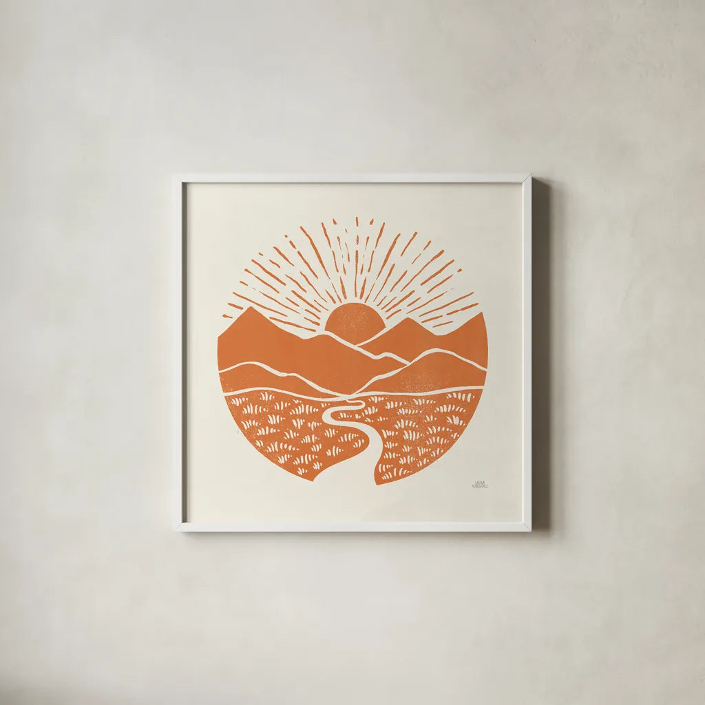 On the Horizon I by Laura Marshall. Shown in a crisp white glass frame for a clean and minimalist style. Available as an archival giclee rolled canvas, fine art paper, or poster print. SKU 65377a.