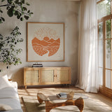 On the Horizon I by Laura Marshall. Shown in a natural wood frame in a cozy modern living room. Available as an archival giclee rolled canvas, fine art paper, or poster print. SKU 65377a.
