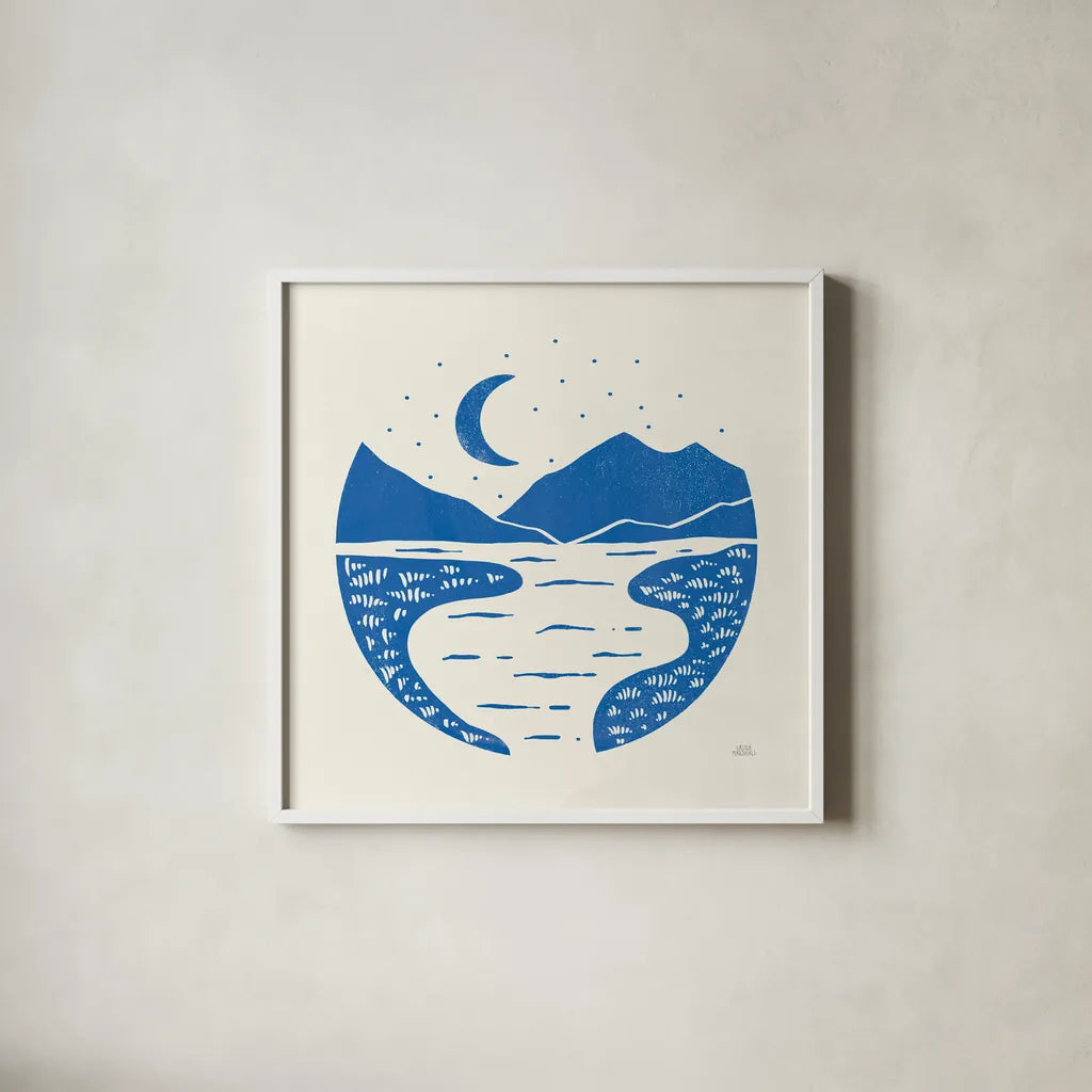 On the Horizon II by Laura Marshall. Shown in a crisp white glass frame for a clean and minimalist style. Available as an archival giclee rolled canvas, fine art paper, or poster print. SKU 65378a.