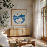 On the Horizon II by Laura Marshall. Shown in a natural wood frame in a cozy modern living room. Available as an archival giclee rolled canvas, fine art paper, or poster print. SKU 65378a.