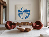 On the Horizon II by Laura Marshall. Shown as extra-large giant wall art in a modern living room. Available as an archival giclee rolled canvas, fine art paper, or poster print. SKU 65378a.