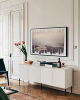 Painted Seaside I by Laura Marshall. shown as a framed stretched canvas in a living room above a console. Available as a archival giclee rolled canvas, fine art paper, or poster print. SKU 29663i.
