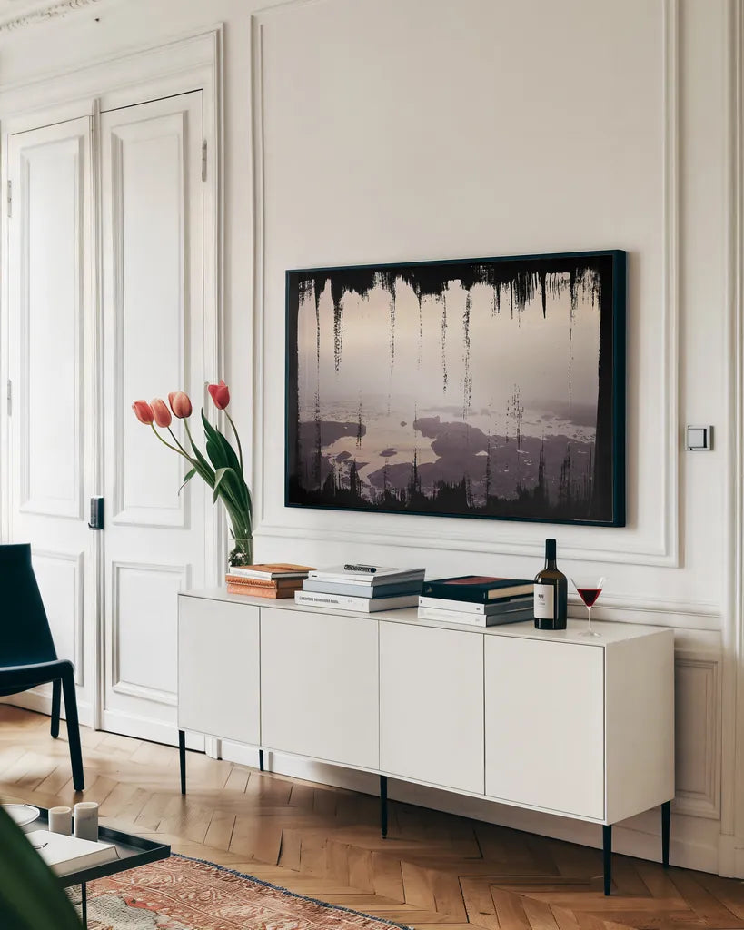 Painted Seaside I on Black by Laura Marshall. shown as a framed stretched canvas in a living room above a console. Available as a archival giclee rolled canvas, fine art paper, or poster print. SKU 29863i.