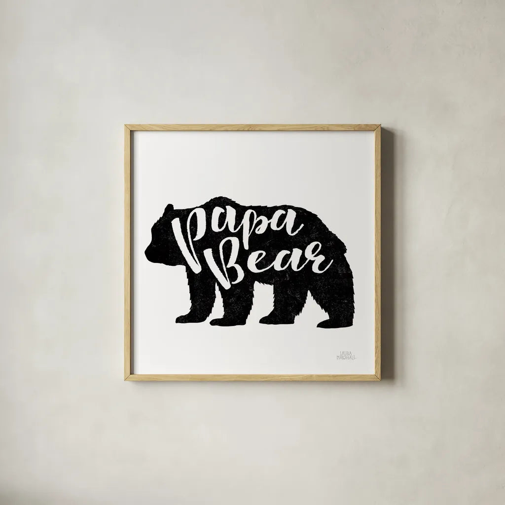 Papa Bear by Laura Marshall. Shown in a natural wood glass frame for a timeless modern aesthetic. Available as an archival giclee rolled canvas, fine art paper, or poster print. SKU 45442a.