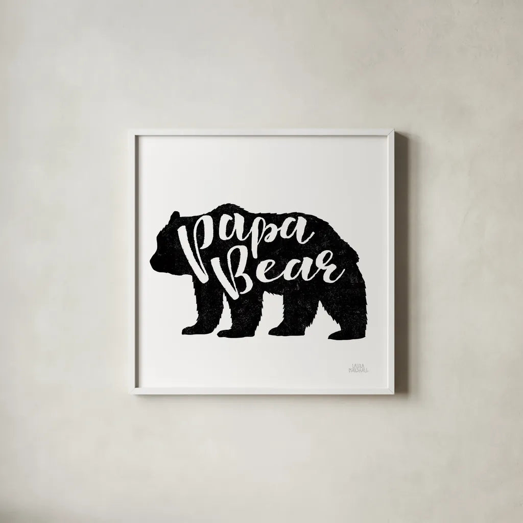 Papa Bear by Laura Marshall. Shown in a crisp white glass frame for a clean and minimalist style. Available as an archival giclee rolled canvas, fine art paper, or poster print. SKU 45442a.
