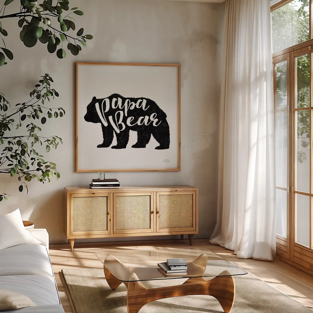 Papa Bear by Laura Marshall. Shown in a natural wood frame in a cozy modern living room. Available as an archival giclee rolled canvas, fine art paper, or poster print. SKU 45442a.