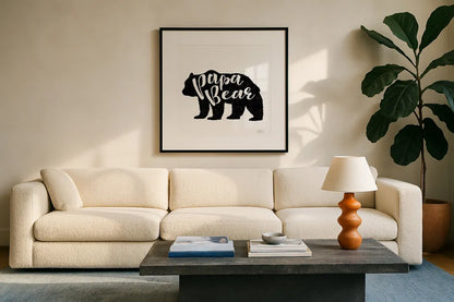 Papa Bear by Laura Marshall. Displayed in a glass frame with matte in a clean modern living room. Available as an archival giclee rolled canvas, fine art paper, or poster print. SKU 45442a.