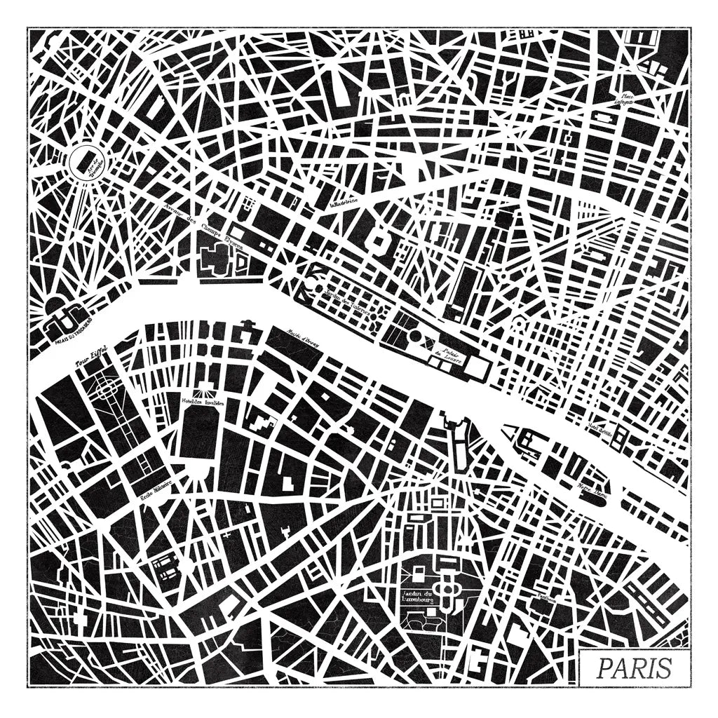 Paris Map Black by Laura Marshall. SKU 60391a. Archival Giclee Fine art print for wall decor.