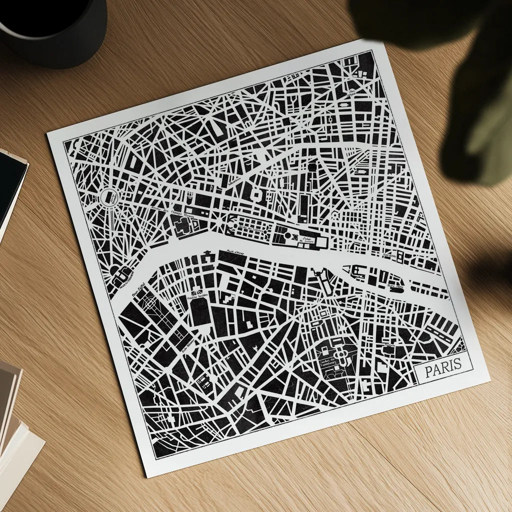 Paris Map Black by Laura Marshall. Shown as a detailed flat fine art print, highlighting archival giclee quality. Available as an archival giclee rolled canvas, fine art paper, or poster print. SKU 60391a.