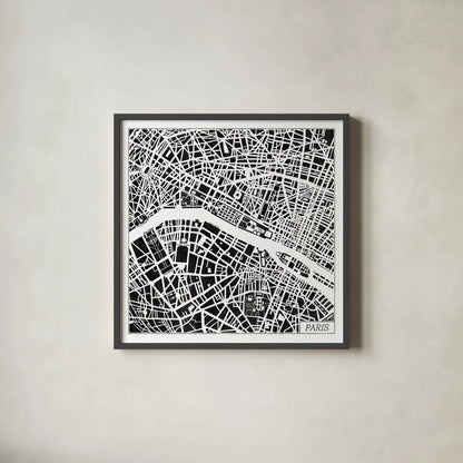 Paris Map Black by Laura Marshall. Shown in a sleek black glass frame for a contemporary gallery look. Available as an archival giclee rolled canvas, fine art paper, or poster print. SKU 60391a.