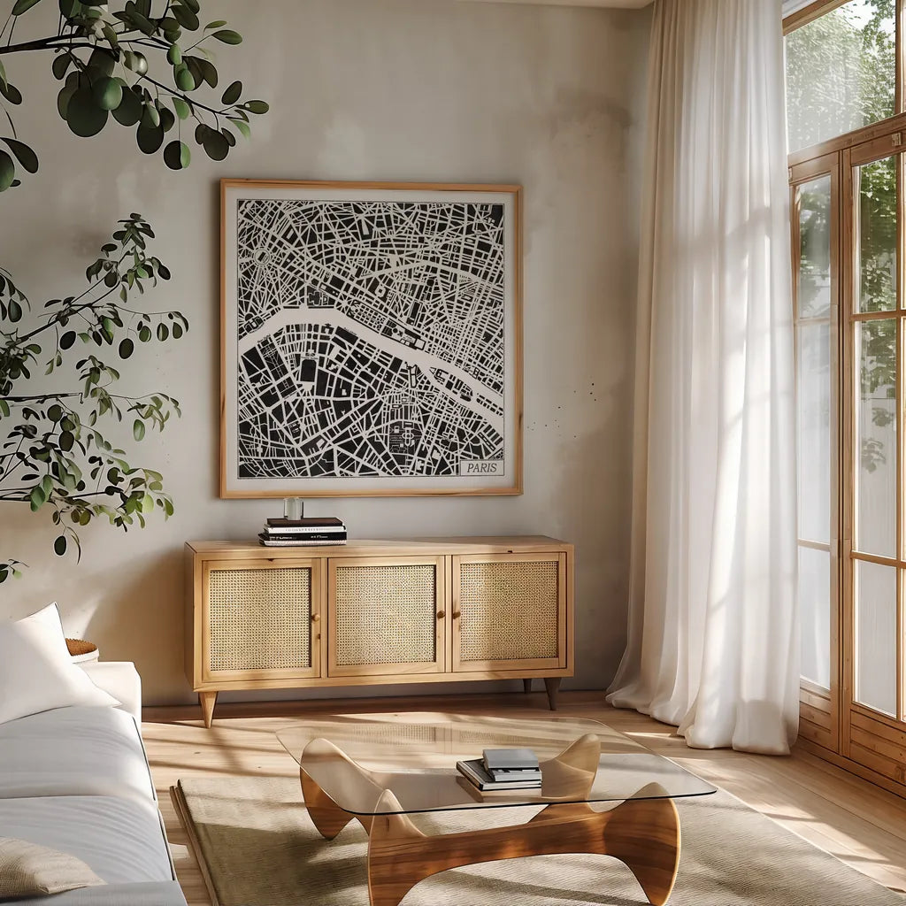 Paris Map Black by Laura Marshall. Shown in a natural wood frame in a cozy modern living room. Available as an archival giclee rolled canvas, fine art paper, or poster print. SKU 60391a.