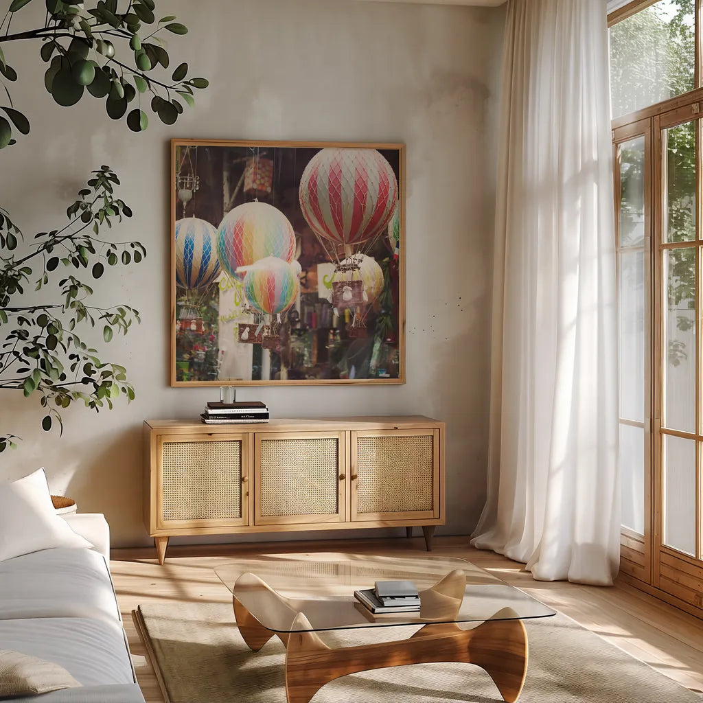 Paris Moments I by Laura Marshall. Shown in a natural wood frame in a cozy modern living room. Available as an archival giclee rolled canvas, fine art paper, or poster print. SKU 25889a.