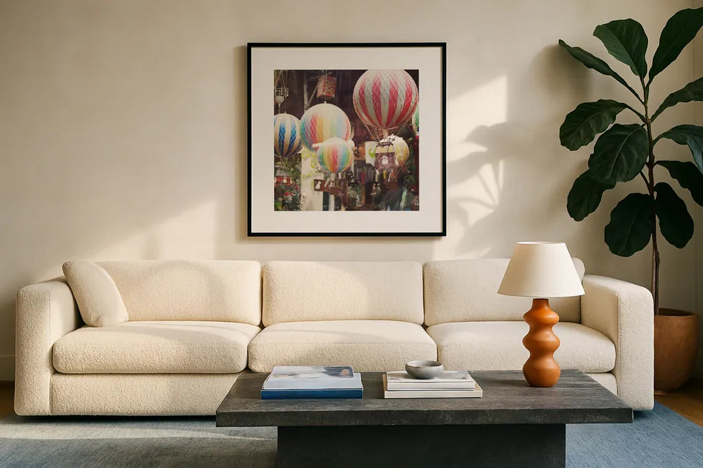 Paris Moments I by Laura Marshall. Displayed in a glass frame with matte in a clean modern living room. Available as an archival giclee rolled canvas, fine art paper, or poster print. SKU 25889a.
