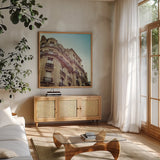 Paris Moments II by Laura Marshall. Shown in a natural wood frame in a cozy modern living room. Available as an archival giclee rolled canvas, fine art paper, or poster print. SKU 25890a.