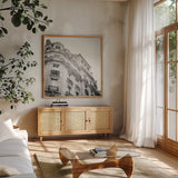 Paris Moments II BW by Laura Marshall. Shown in a natural wood frame in a cozy modern living room. Available as an archival giclee rolled canvas, fine art paper, or poster print. SKU 78245a.