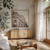 Paris Moments II Neutral by Laura Marshall. Shown in a natural wood frame in a cozy modern living room. Available as an archival giclee rolled canvas, fine art paper, or poster print. SKU 72142a.