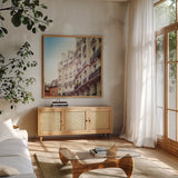 Paris Moments III by Laura Marshall. Shown in a natural wood frame in a cozy modern living room. Available as an archival giclee rolled canvas, fine art paper, or poster print. SKU 25891a.
