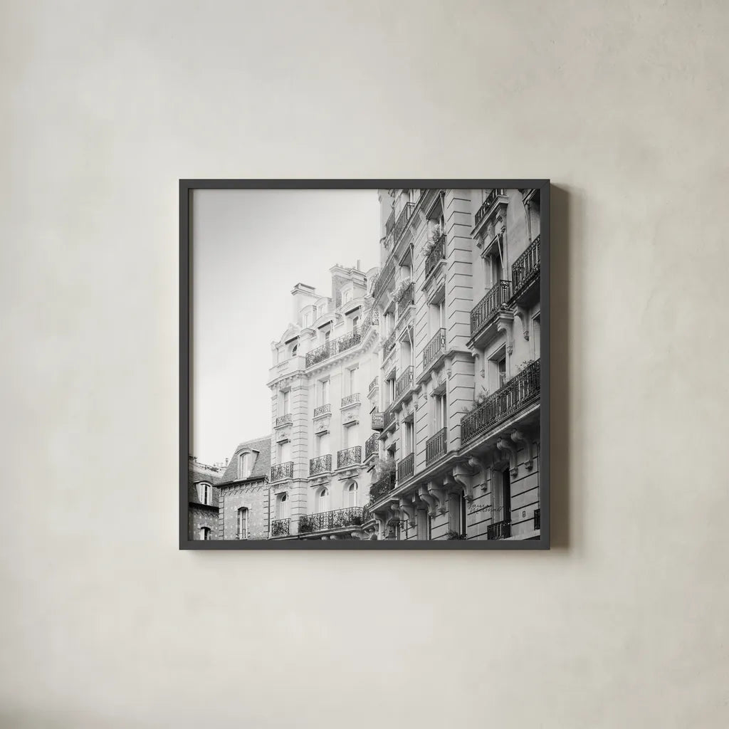Paris Moments III BW by Laura Marshall. Shown in a sleek black glass frame for a contemporary gallery look. Available as an archival giclee rolled canvas, fine art paper, or poster print. SKU 78246a.