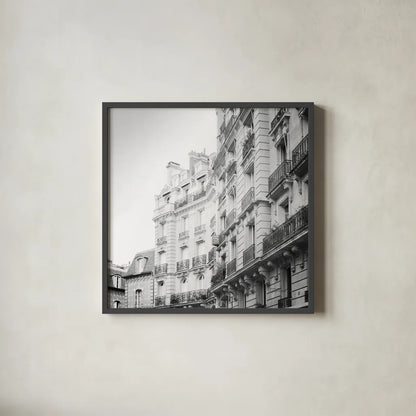 Paris Moments III BW by Laura Marshall. Shown in a sleek black glass frame for a contemporary gallery look. Available as an archival giclee rolled canvas, fine art paper, or poster print. SKU 78246a.