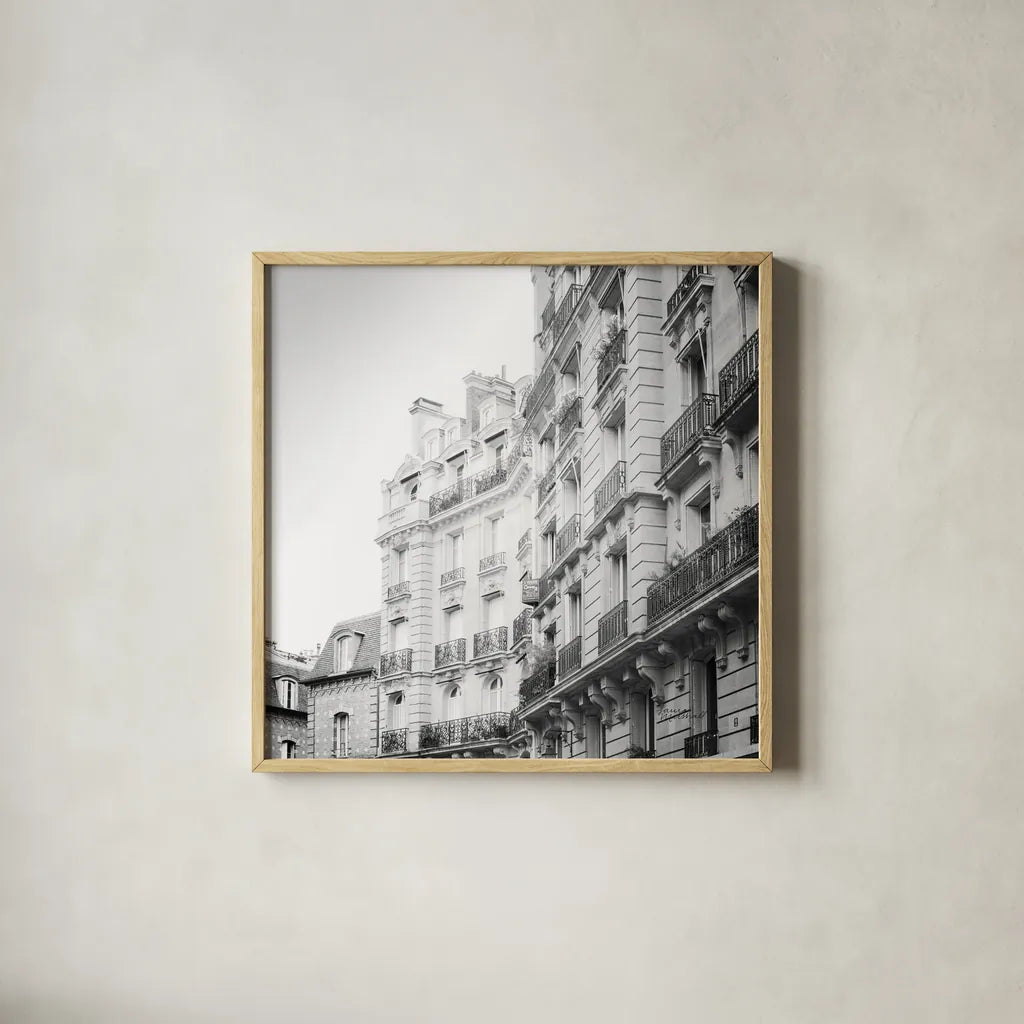 Paris Moments III BW by Laura Marshall. Shown in a natural wood glass frame for a timeless modern aesthetic. Available as an archival giclee rolled canvas, fine art paper, or poster print. SKU 78246a.