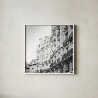 Paris Moments III BW by Laura Marshall. Shown in a crisp white glass frame for a clean and minimalist style. Available as an archival giclee rolled canvas, fine art paper, or poster print. SKU 78246a.