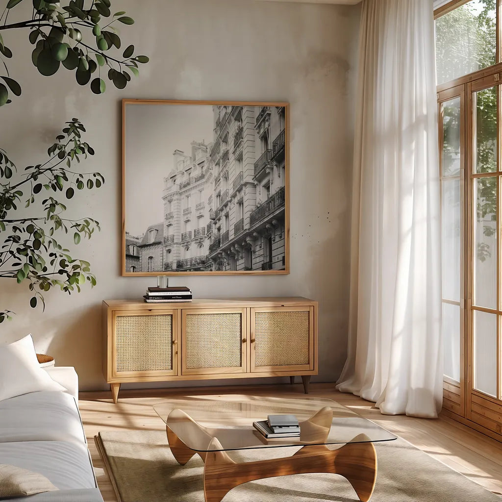 Paris Moments III BW by Laura Marshall. Shown in a natural wood frame in a cozy modern living room. Available as an archival giclee rolled canvas, fine art paper, or poster print. SKU 78246a.