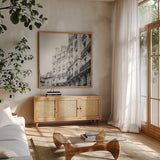 Paris Moments III BW by Laura Marshall. Shown in a natural wood frame in a cozy modern living room. Available as an archival giclee rolled canvas, fine art paper, or poster print. SKU 78246a.