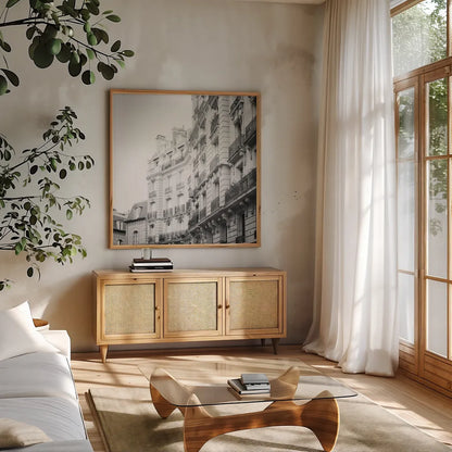 Paris Moments III BW by Laura Marshall. Shown in a natural wood frame in a cozy modern living room. Available as an archival giclee rolled canvas, fine art paper, or poster print. SKU 78246a.