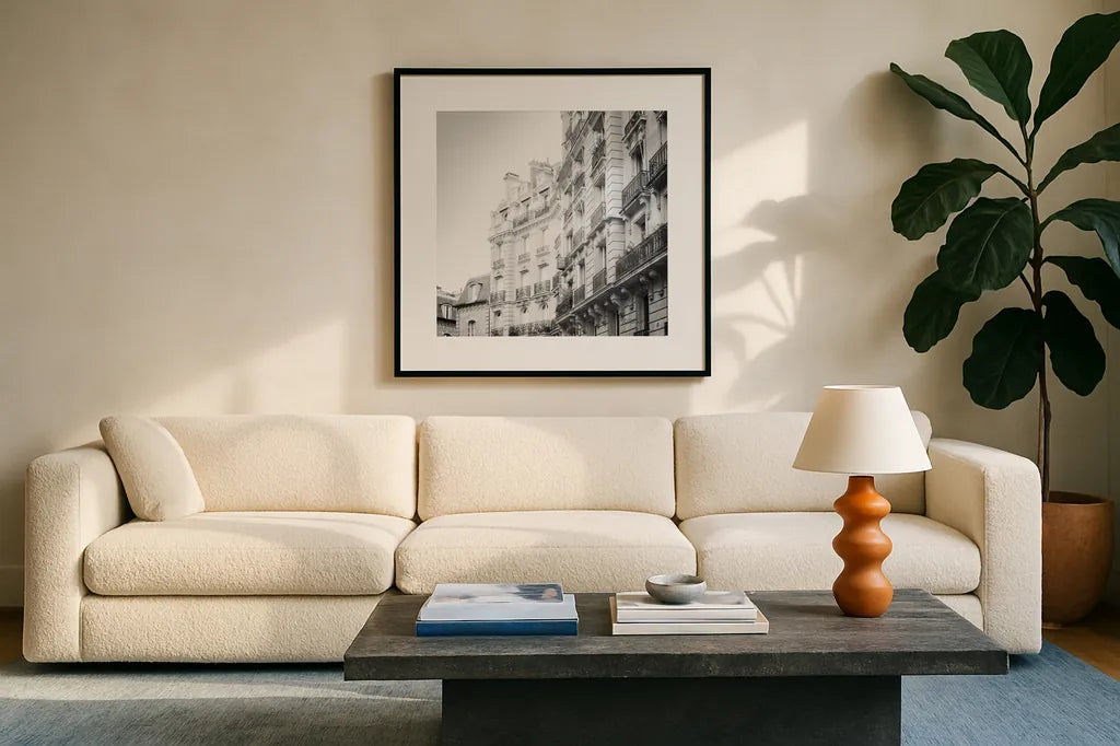 Paris Moments III BW by Laura Marshall. Displayed in a glass frame with matte in a clean modern living room. Available as an archival giclee rolled canvas, fine art paper, or poster print. SKU 78246a.
