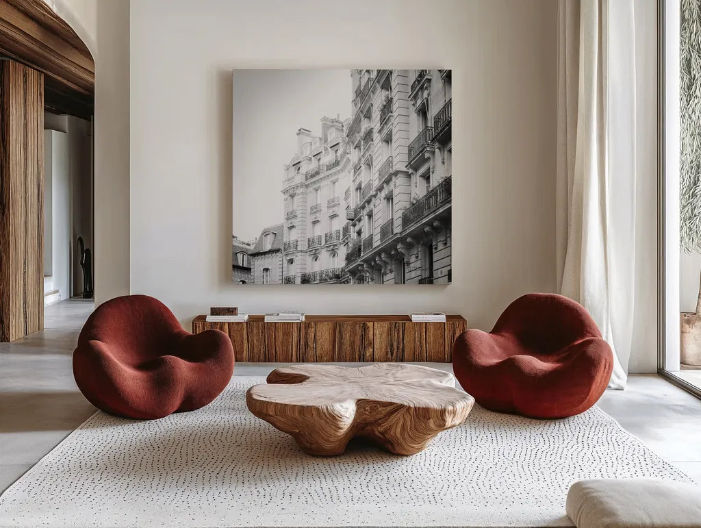 Paris Moments III BW by Laura Marshall. Shown as extra-large giant wall art in a modern living room. Available as an archival giclee rolled canvas, fine art paper, or poster print. SKU 78246a.
