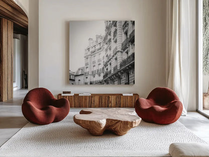 Paris Moments III BW by Laura Marshall. Shown as extra-large giant wall art in a modern living room. Available as an archival giclee rolled canvas, fine art paper, or poster print. SKU 78246a.