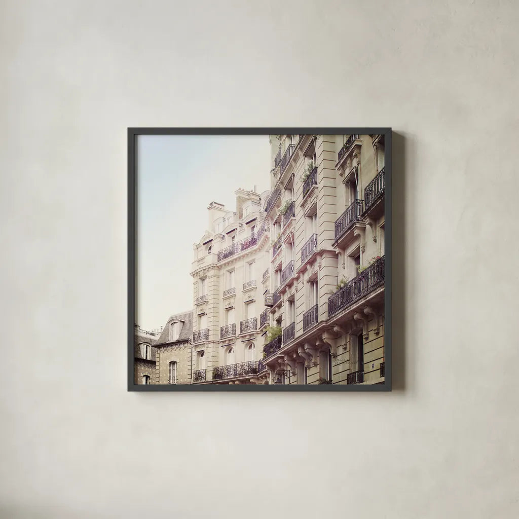 Paris Moments III Neutral by Laura Marshall. Shown in a sleek black glass frame for a contemporary gallery look. Available as an archival giclee rolled canvas, fine art paper, or poster print. SKU 72143a.