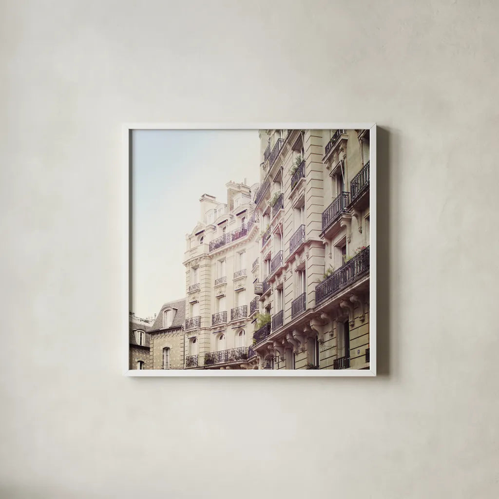 Paris Moments III Neutral by Laura Marshall. Shown in a crisp white glass frame for a clean and minimalist style. Available as an archival giclee rolled canvas, fine art paper, or poster print. SKU 72143a.