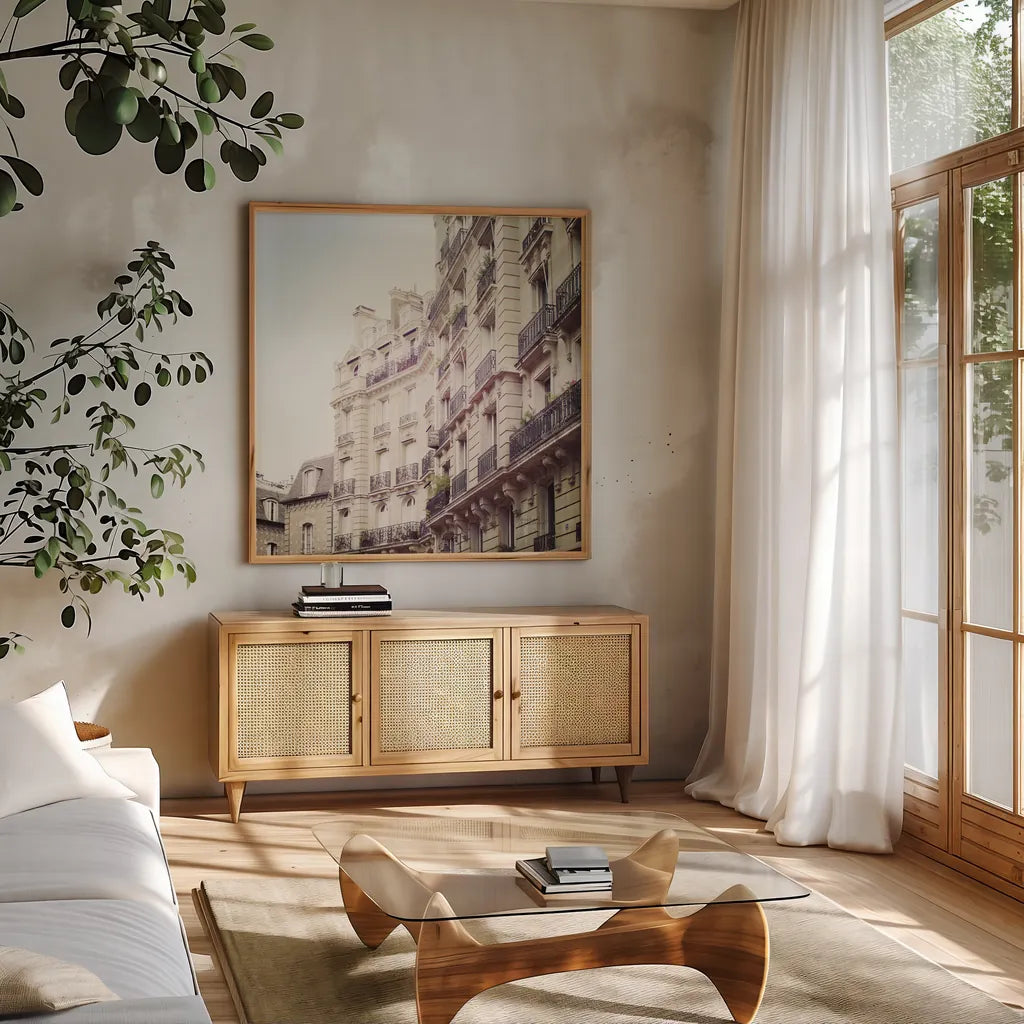 Paris Moments III Neutral by Laura Marshall. Shown in a natural wood frame in a cozy modern living room. Available as an archival giclee rolled canvas, fine art paper, or poster print. SKU 72143a.