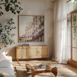 Paris Moments III Neutral by Laura Marshall. Shown in a natural wood frame in a cozy modern living room. Available as an archival giclee rolled canvas, fine art paper, or poster print. SKU 72143a.