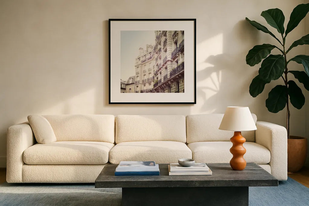 Paris Moments III Neutral by Laura Marshall. Displayed in a glass frame with matte in a clean modern living room. Available as an archival giclee rolled canvas, fine art paper, or poster print. SKU 72143a.