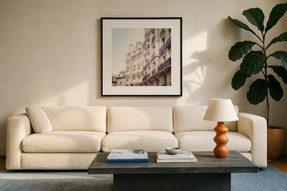 Paris Moments III Neutral by Laura Marshall. Displayed in a glass frame with matte in a clean modern living room. Available as an archival giclee rolled canvas, fine art paper, or poster print. SKU 72143a.