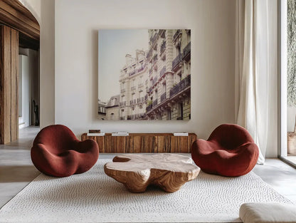 Paris Moments III Neutral by Laura Marshall. Shown as extra-large giant wall art in a modern living room. Available as an archival giclee rolled canvas, fine art paper, or poster print. SKU 72143a.