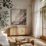 Paris Moments III Neutral v2 by Laura Marshall. Shown in a natural wood frame in a cozy modern living room. Available as an archival giclee rolled canvas, fine art paper, or poster print. SKU 76216a.