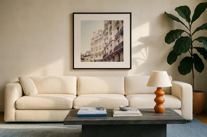 Paris Moments III Neutral v2 by Laura Marshall. Displayed in a glass frame with matte in a clean modern living room. Available as an archival giclee rolled canvas, fine art paper, or poster print. SKU 76216a.
