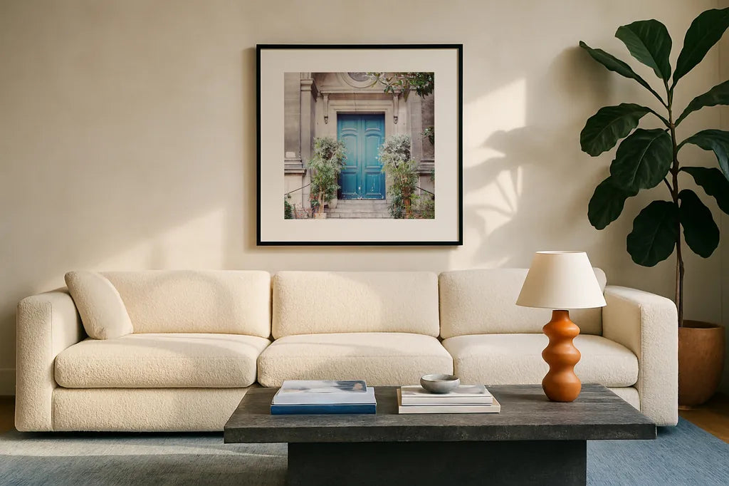 Paris Moments IV by Laura Marshall. Displayed in a glass frame with matte in a clean modern living room. Available as an archival giclee rolled canvas, fine art paper, or poster print. SKU 25892a.